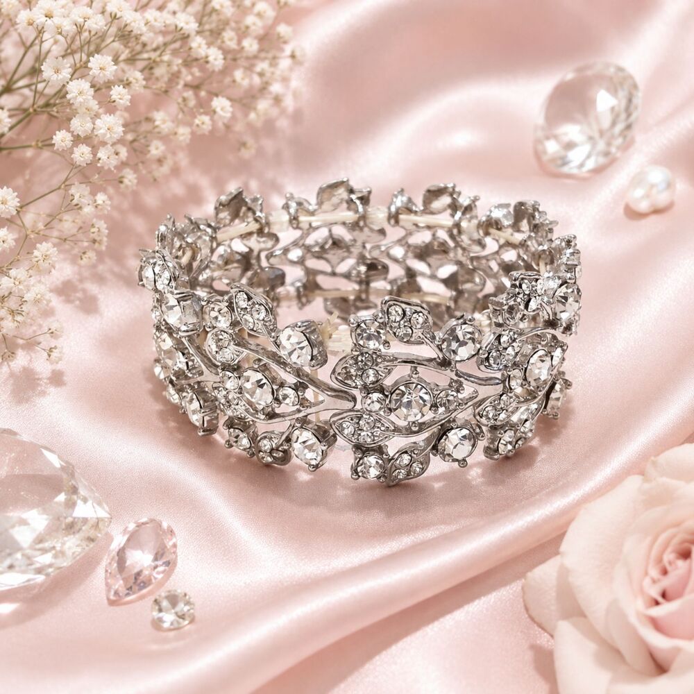 Silver Tone Floral Rhinestone Stretch Bracelet Statement Cuff
